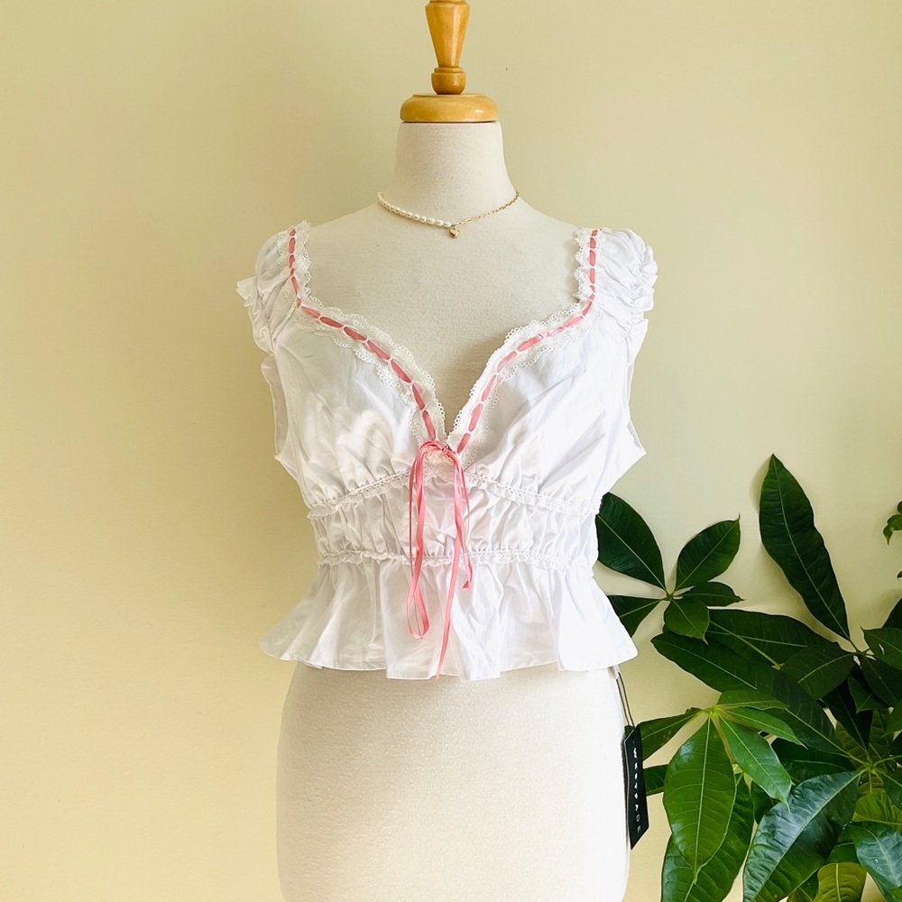 Sweetheart White Lace-Trim Peplum Cami with Pink Ribbon Tie